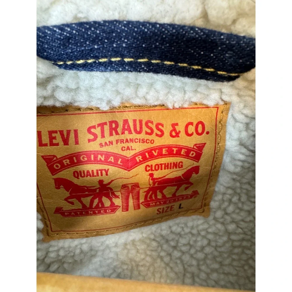 Levis Mens Type 3 Sherpa‎ Trucker Jacket Dark Wash Indigo Denim Large 16365-0075